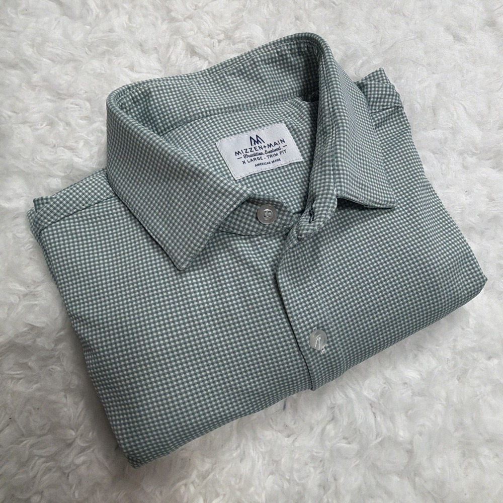 MIZZEN+MAIN Shirt XL Slim Trim Fit Green Gingham Check Sleeve Button Mens Office